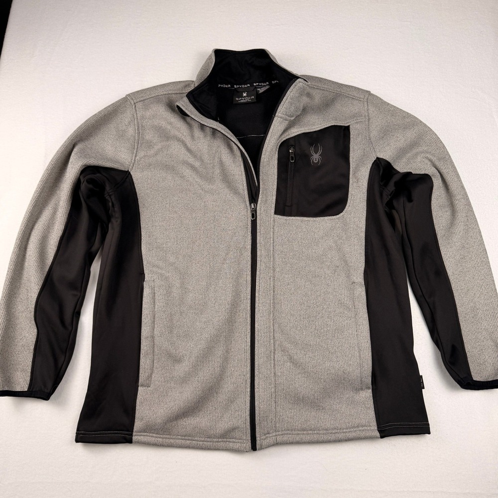 Spyder Mens XXL Gray Black Full Zip Fleece Lined Knit Jacket Sweater Mock Neck